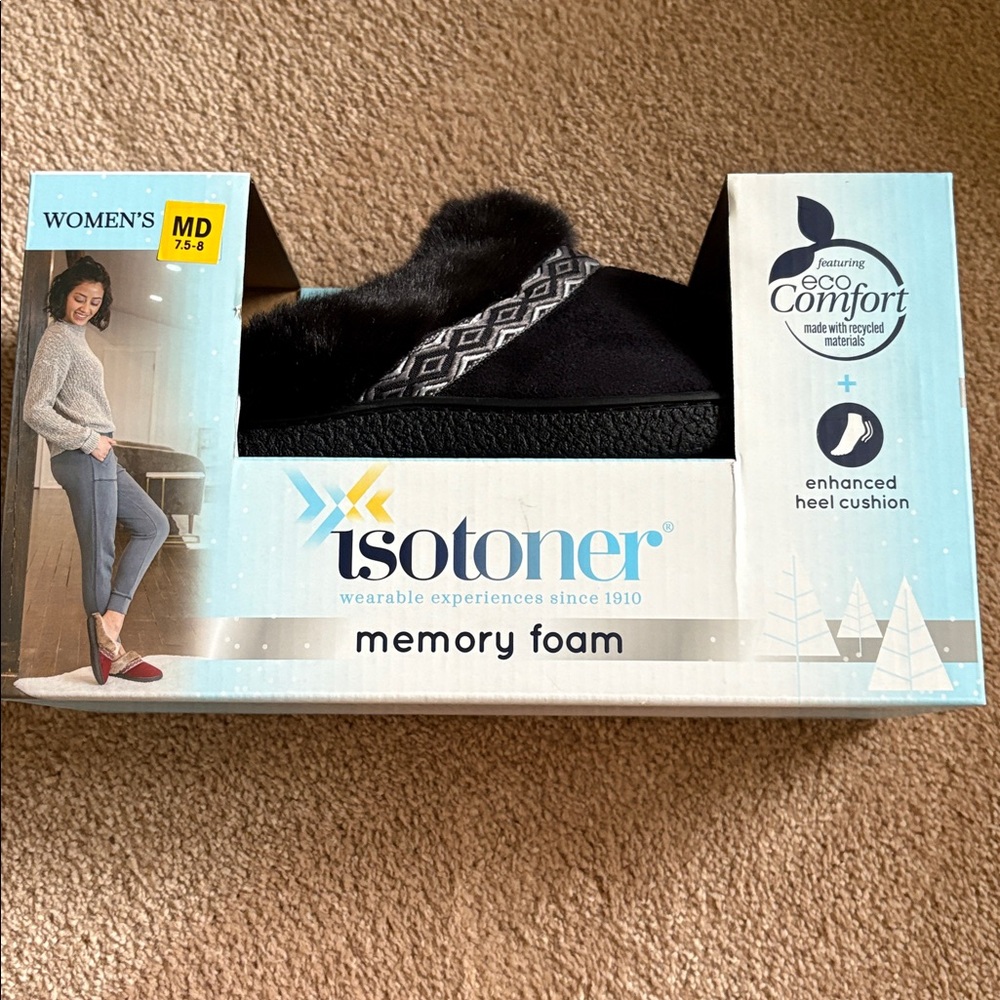 Isotoner Black Memory Foam Slippers with Patterned Trim